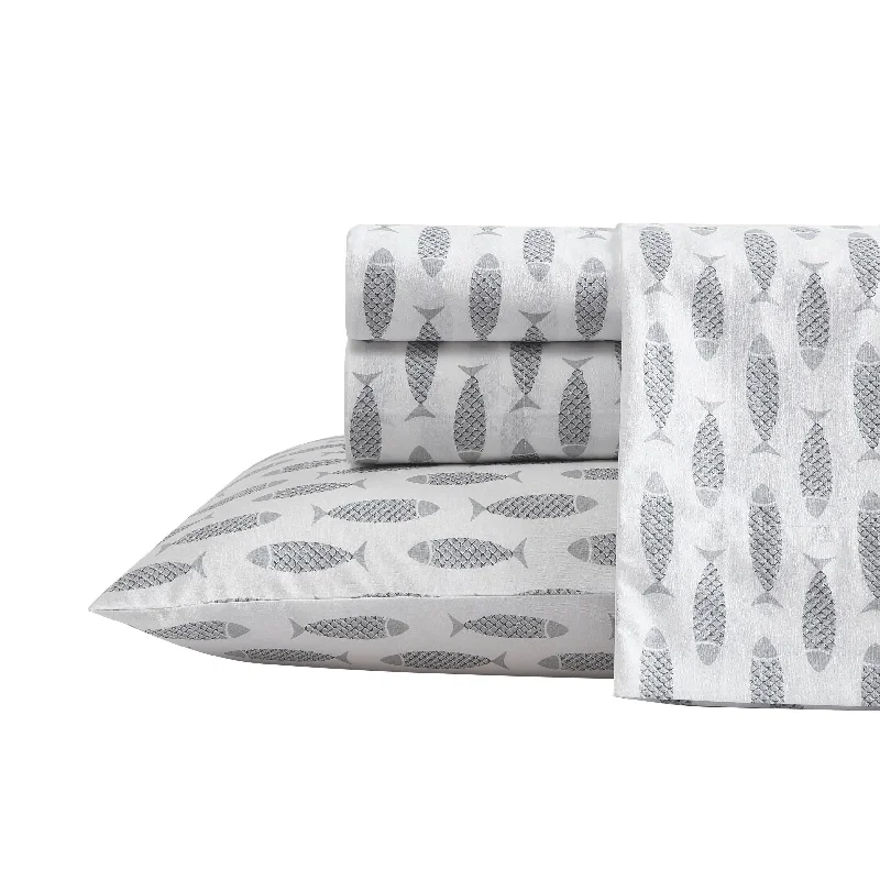 King - Size Sheet Sets with a Decorative Pillow SetNautica Woodblock Fish Grey Queen Sheet Set