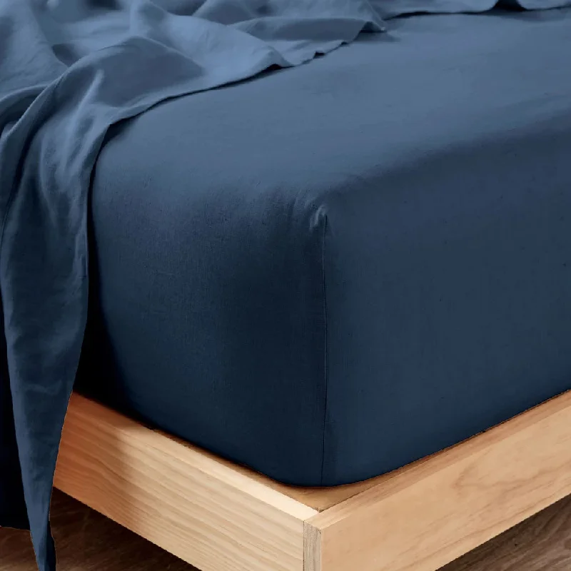 Polyester - Cotton Blend Sheets for Durability and ComfortNimes Pure Linen Navy FITTED SHEET by LINEN HOUSE