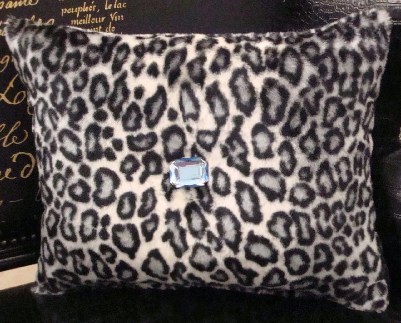 Square Pillows for Modern Home DecorSnow Leopard Bling Throw Pillow, Black & White 15 x 12 with Blue faux crystal