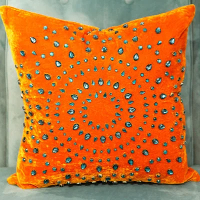 Back Support Pillows for Office ChairsPumpkin Silk Turquoise Rhinestones - Sabira Collection