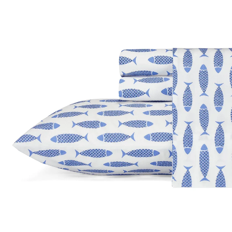 Thermal - Regulating Bamboo Sheets for All - Season ComfortNautica Woodblock Fish Blue Sheet Set