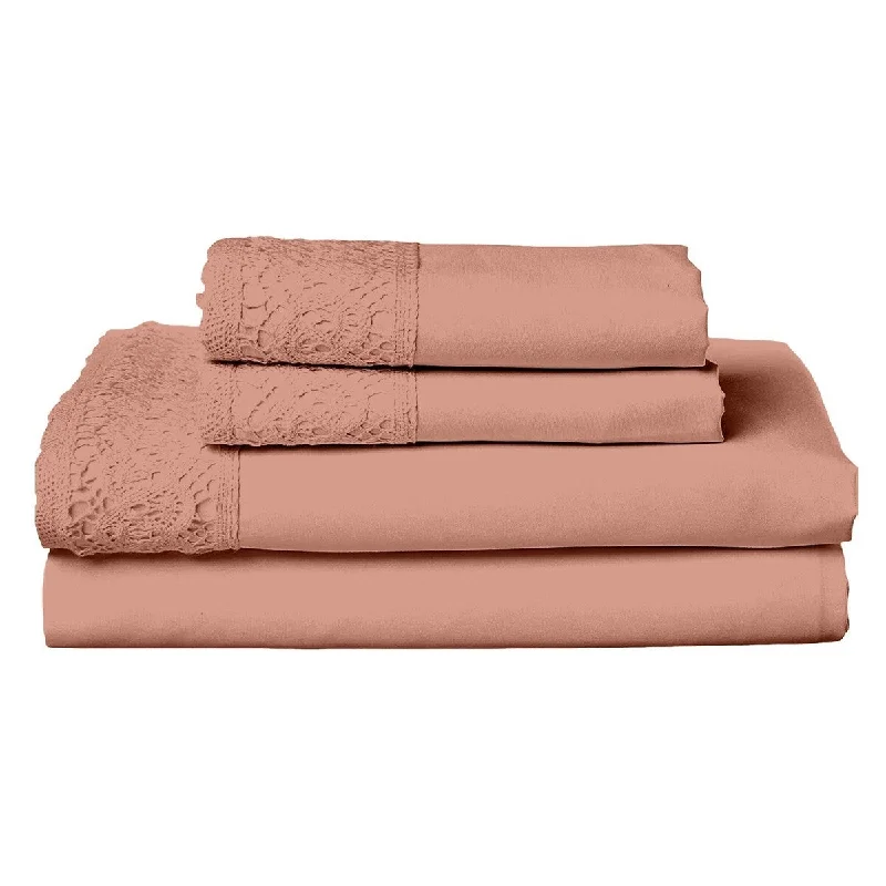 Linen - Cotton Blend Sheets for a Natural and Versatile OptionEdra 4 Piece Microfiber King Size Bed Sheet Set, Crochet Lace, Dusty Pink