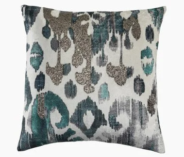 Down Alternative Pillows for Ethical ChoicesCreme Velvet with Turquoise Ikat Pillow 22 x 22 - Callisto Home