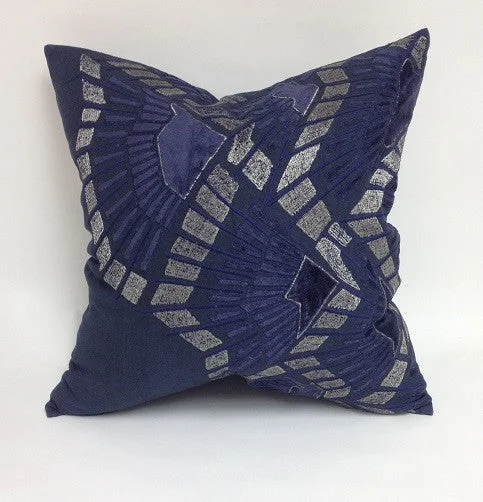 Adjustable Pillows for Customized ComfortNavy Linen/Navy Velvet/Silver Applique - Callisto Home