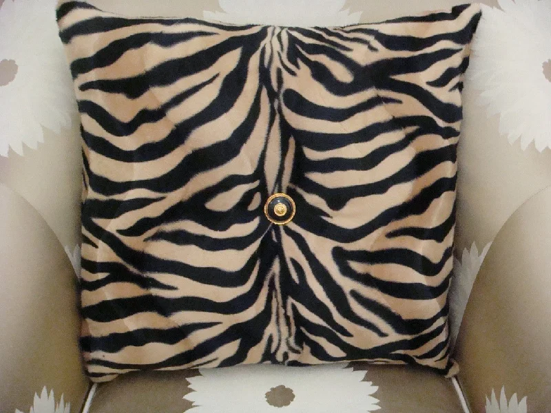 Down Alternative Pillows for Ethical ChoicesZebra Print Bling Throw Pillow ....Color Beige/Black,Versace button detail