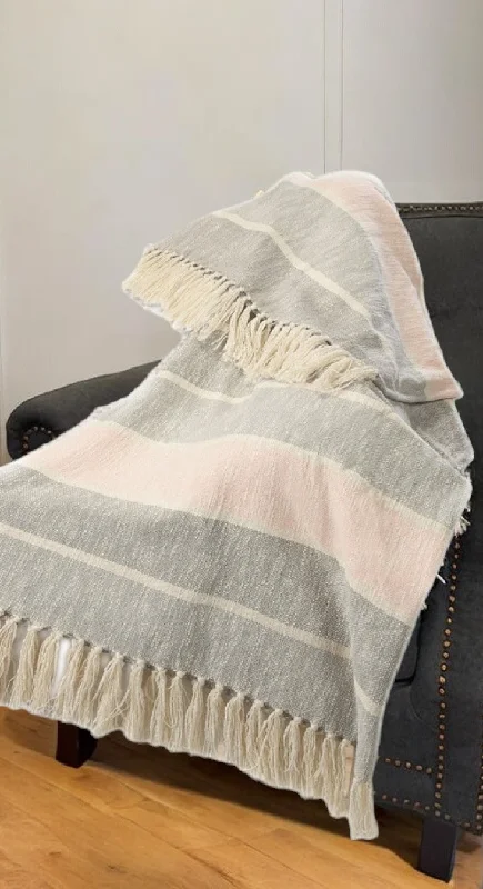 Synthetic fiber blend blankets for a budget - friendly choice50" X 60" Gray Woven Cotton Striped Throw Blanket with Tassels