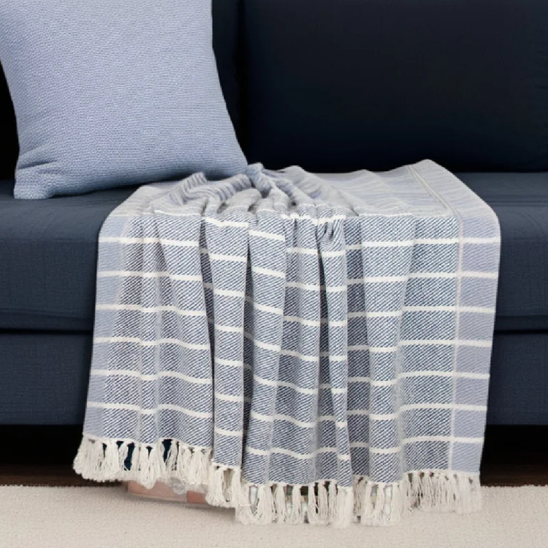 Queen - size blankets for standard - sized bedsBlue Woven Cotton Striped Throw Blanket