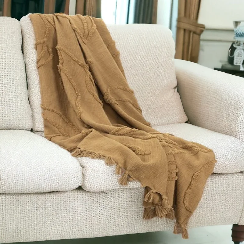 Queen - size blankets for standard - sized bedsCamel Woven 100% Woven Textured Cotton Throw Blanket