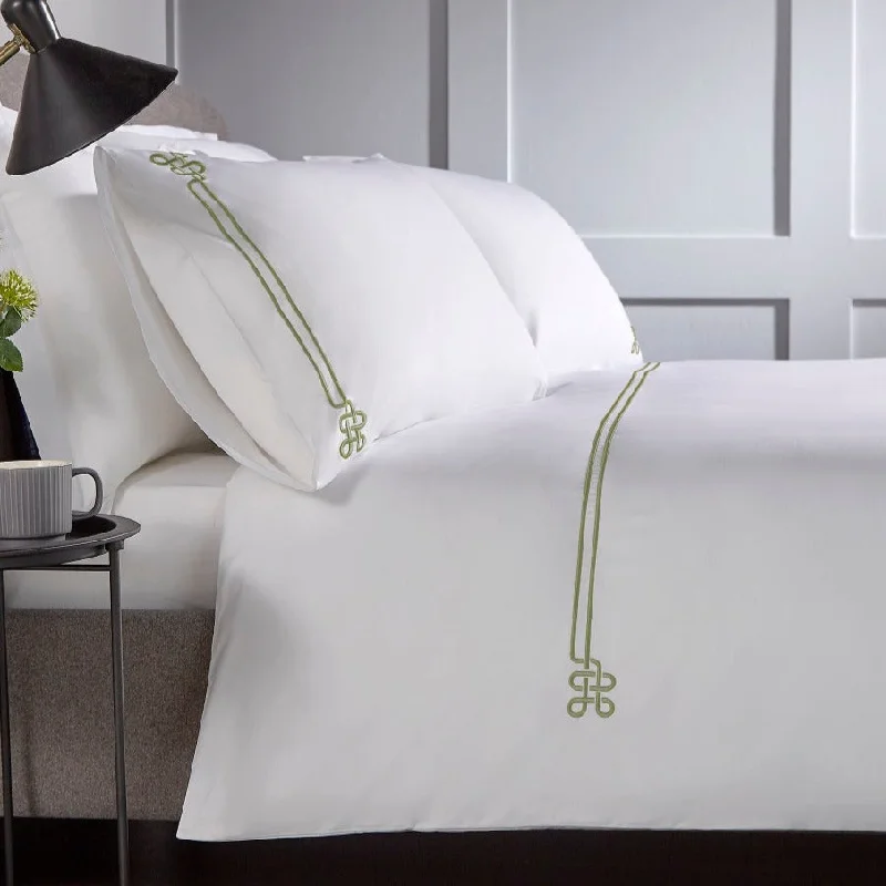 Custom - sized duvet covers to fit unique or non - standard bed framesChristy "Fulton" Duvet Cover Sets - White with Sage Green Embroidery