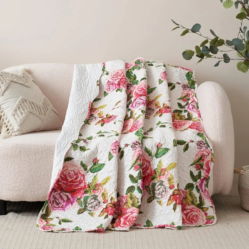 Acrylic blankets for a soft and affordable alternativeDaDa Bedding Romantic Roses Floral Throw Blanket - Lovely Spring Pink & White Scalloped Colorful Lightweight Breathable - Bright Vibrant Quilted Throw Blanket - 50 x 60