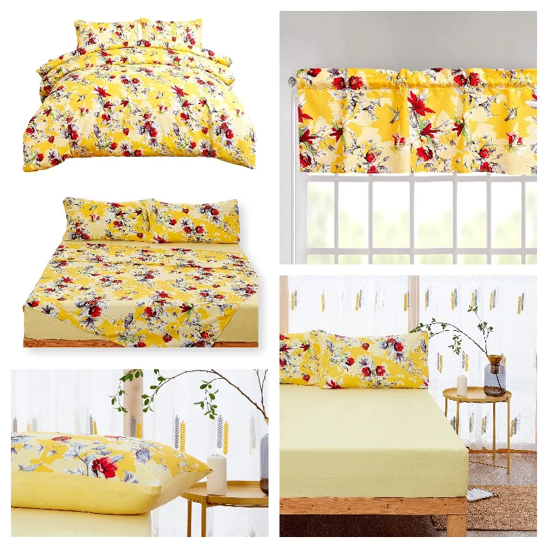 Ombre - colored duvet covers with a gradient effect for a trendy and unique styleDaDa Bedding Sunshine Yellow Hummingbirds Floral Duvet Cover & Fitted Flat Bed Sheets Set w/ Pillow Cases Window Valances (925)