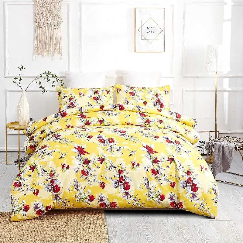 Jersey cotton duvet covers for a stretchy and comfortable fitDaDa Bedding Sunshine Yellow Hummingbirds Floral Duvet Cover Set w/ Pillow Cases (JHW-925)