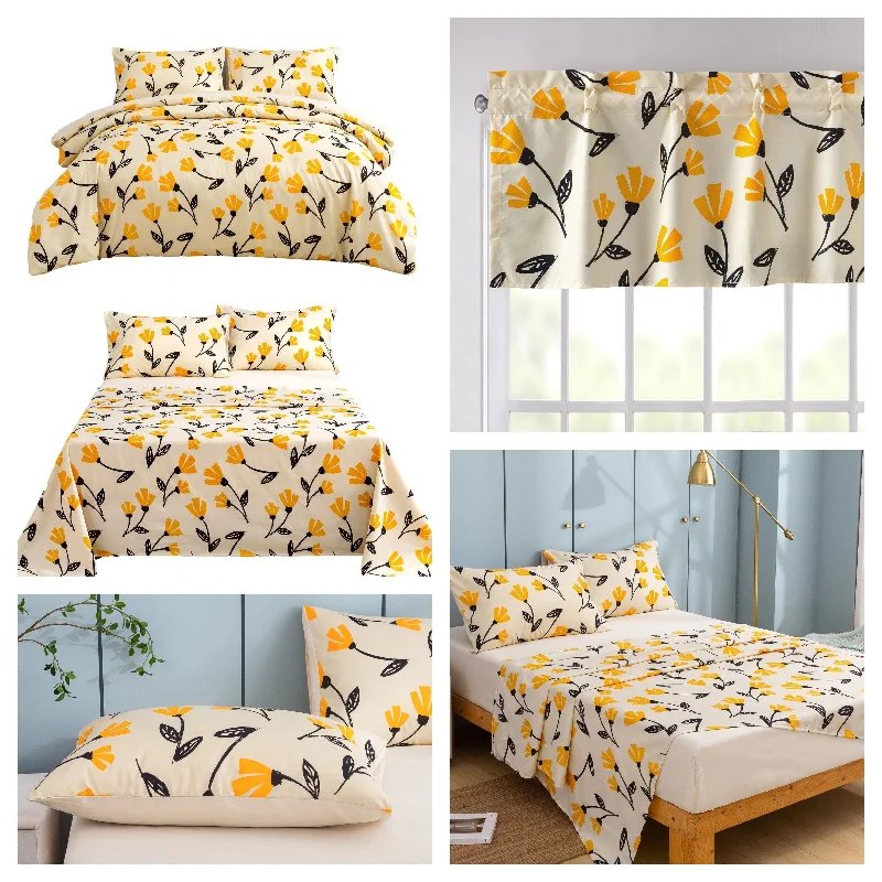 Microfiber duvet covers that are affordable and easy to care forDaDa Bedding Yellow Fleur Golden Orange Botanical Ivory Duvet Cover & Fitted Flat Bed Sheets Set w/ Pillow Cases Window Valances (18112)