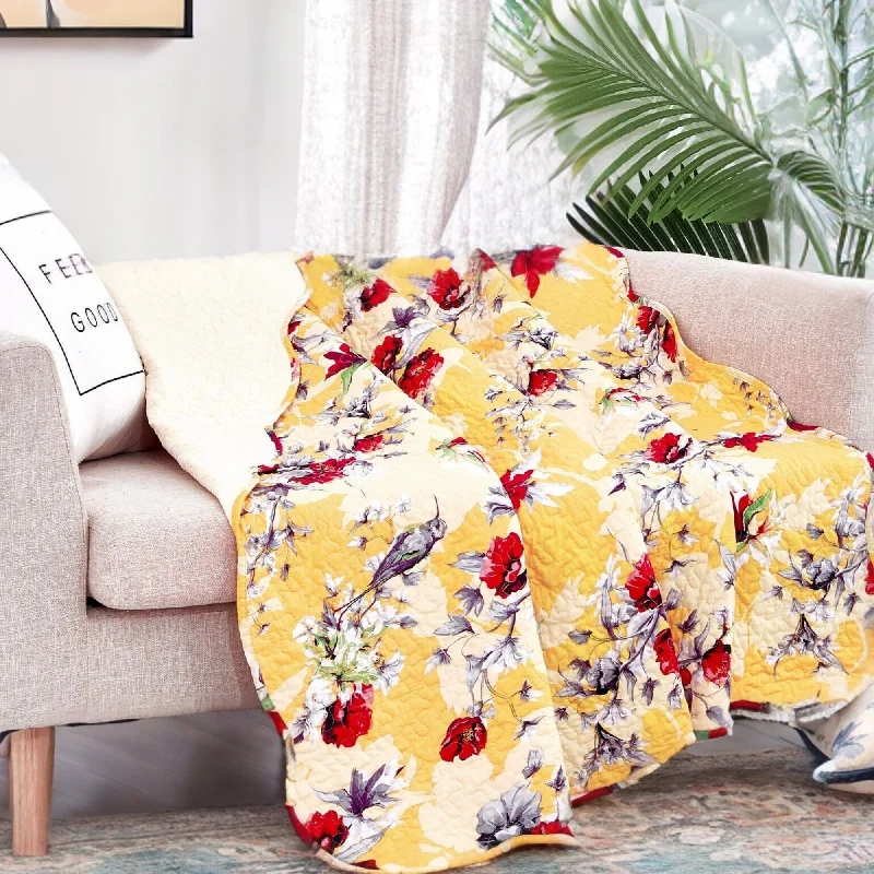 Synthetic fiber blend blankets for a budget - friendly choiceDaDa Bedding Yellow Floral Quilted Throw Blanket - Hummingbirds Farmhouse Red Flowers for Couch, Sofa or Bed- Scalloped Edges - 50 x 60