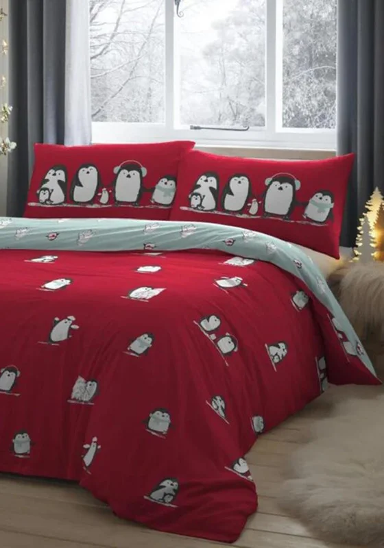 Budget - friendly duvet covers for first - time homebuyers or studentsFusion Reversible Snowy Penguin Double Duvet Set, Red & Grey