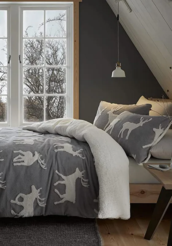 Snap - closure duvet covers for a quick and convenient way to open and closeCatherine Lansfield Stag Sherpa Jacquard Duvet Set, Grey