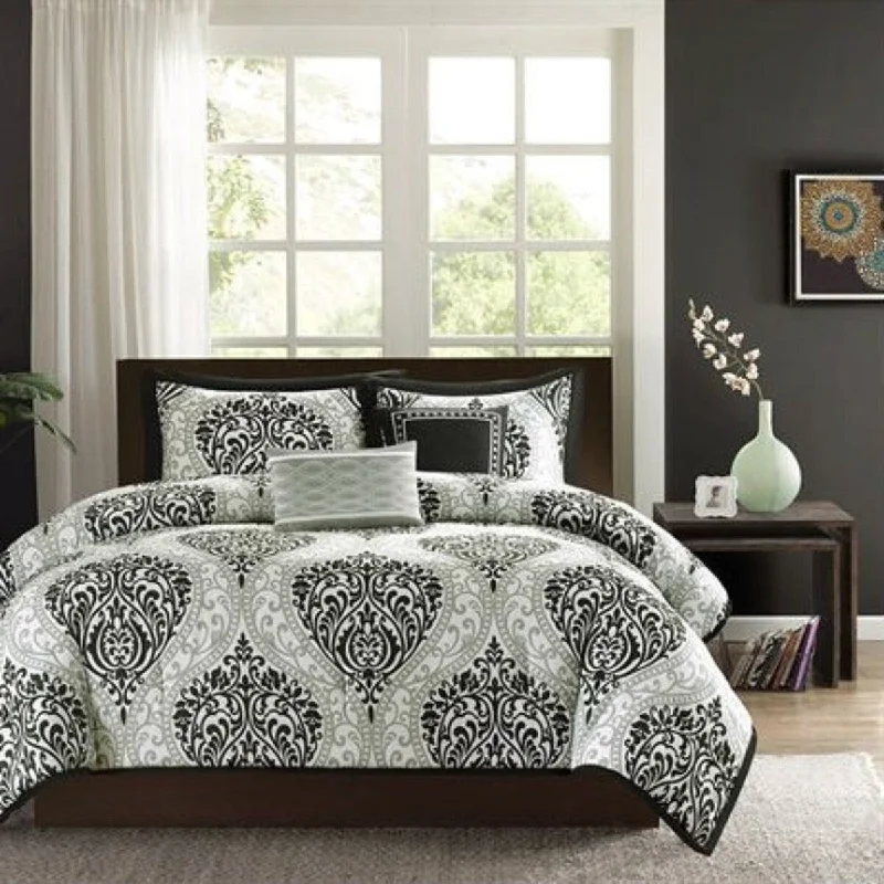 Synthetic - filled comforters like polyester for affordability and hypoallergenic propertiesDaily Boutik Full / Queen 5-Piece Black White Damask Print Comforter Set