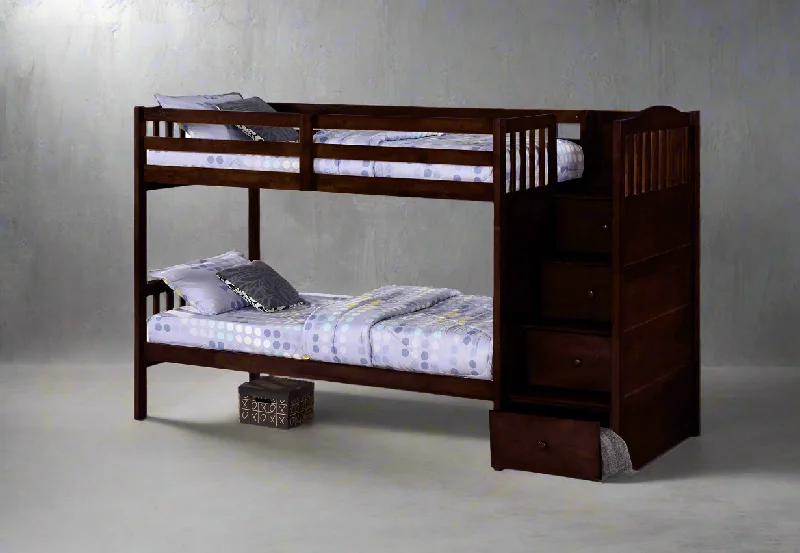 Hybrid mattresses combining foam and innerspring technologyTwin over Twin (Single) RHF Staircase Bunk Bed in Espresso Includes Drawers