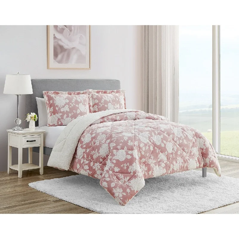 Full - size comforters suitable for full - sized beds in guest rooms or small bedroomsHadley Floral Pink Ultra Plush-Sherpa 3 PC Comforter Bedding Set