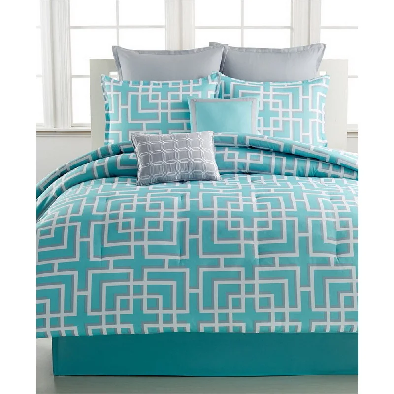 Duck down comforters with a softer feel and good warmth retentionSerenade Blue Gray and White Geometric 8-piece Comforter Set