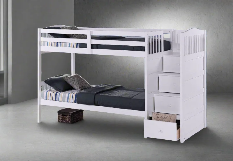 Wool - filled mattresses for natural insulation and moisture - wickingWhite Wood Twin over Twin Bunk Bed with RHF Stairways and Pull out Storage Drawers