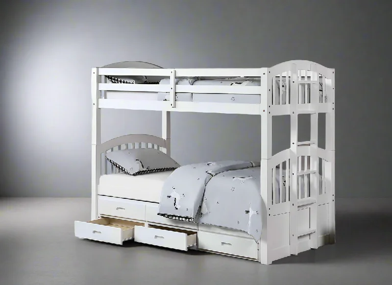 Hybrid mattresses combining foam and innerspring technologySingle over Single over Single White Wood Bunk Bed with Captains Bed Drawers and Trundle